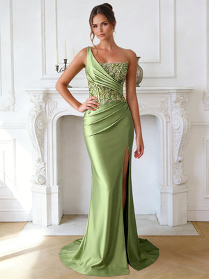 Trumpet/Mermaid Long Prom Dresses Satin Corset Formal Dresses One-Shoulder Sleeveless Floor-length Evening Dresses With Side Split&Appliques