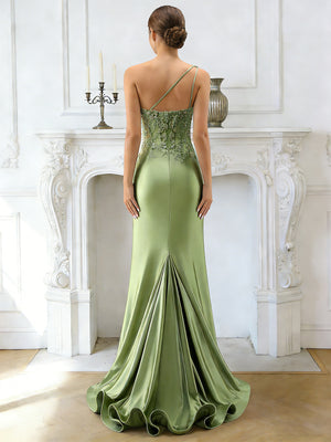 Trumpet/Mermaid Long Prom Dresses Satin Corset Formal Dresses One-Shoulder Sleeveless Floor-length Evening Dresses With Side Split&Appliques