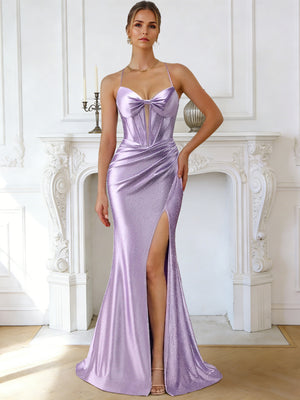 Trumpet/Mermaid Long Prom Dresses Satin Corset Rhinestone Dresses Spaghetti Straps Sleeveless Floor-length With Side Split&Pleats