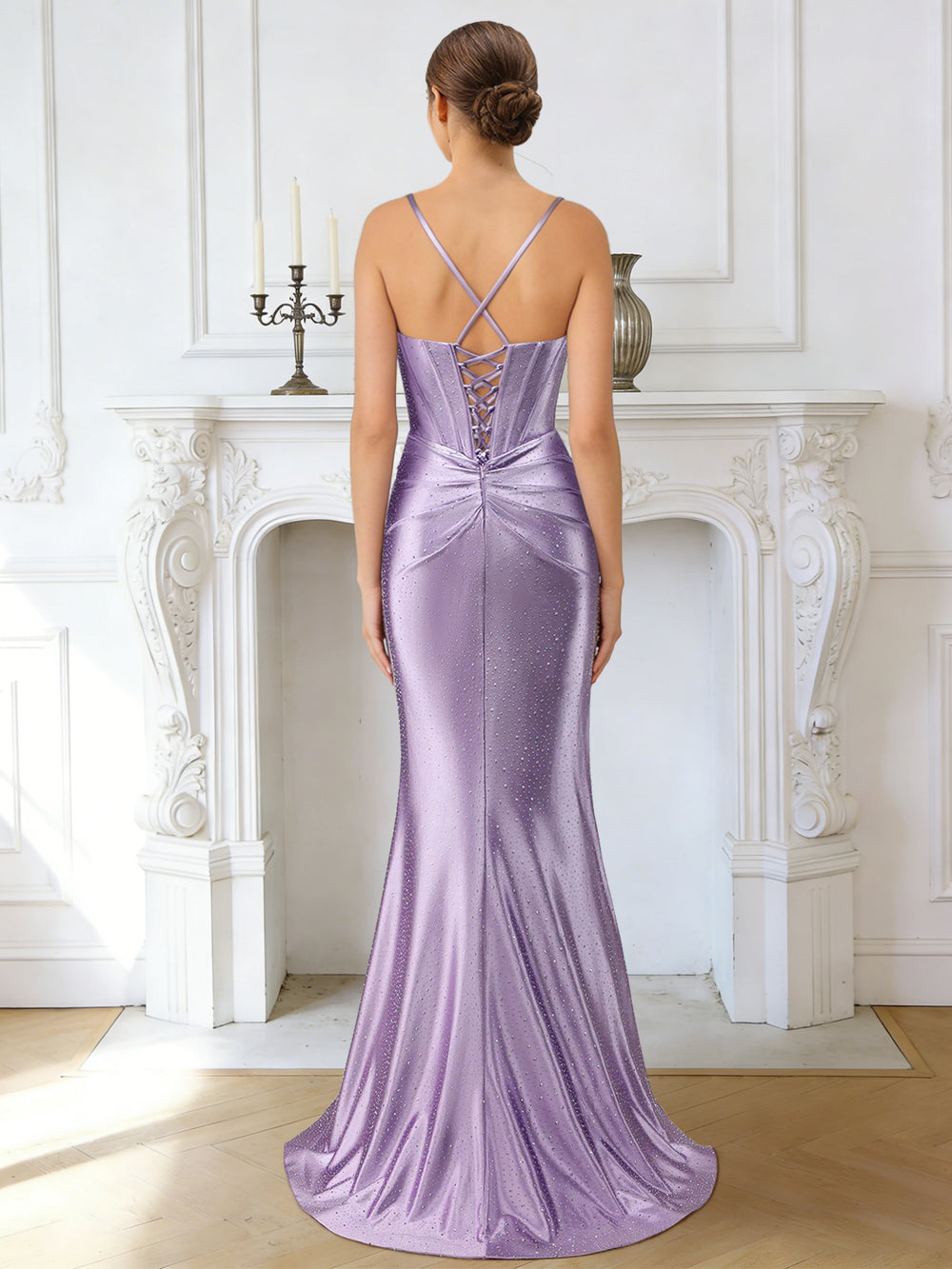 Trumpet/Mermaid Long Prom Dresses Satin Corset Rhinestone Dresses Spaghetti Straps Sleeveless Floor-length With Side Split&Pleats