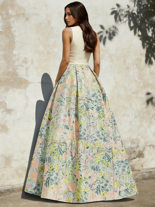 A-Line Evening Gown Elegant Jacquard Floral Dress Prom Floor Length Sleeveless V Neck with Slit Pocket Sage Wedding Guest Dress