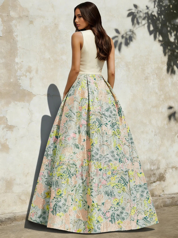 A-Line Evening Gown Elegant Jacquard Floral Dress Prom Floor Length Sleeveless V Neck with Slit Pocket Sage Wedding Guest Dress