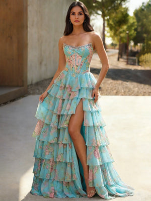 A-Line/Princess Long Prom Dresses Corset Strapless Sleeveless Floor-Length Chiffon Layred Ruffles Dresses With Floral Printed/Side Split