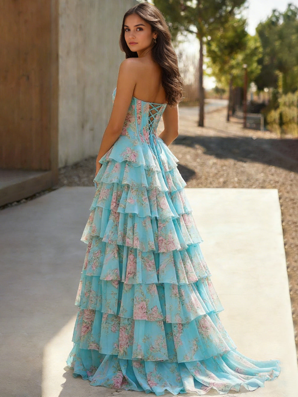 A-Line/Princess Long Prom Dresses Corset Strapless Sleeveless Floor-Length Chiffon Layred Ruffles Dresses With Floral Printed/Side Split