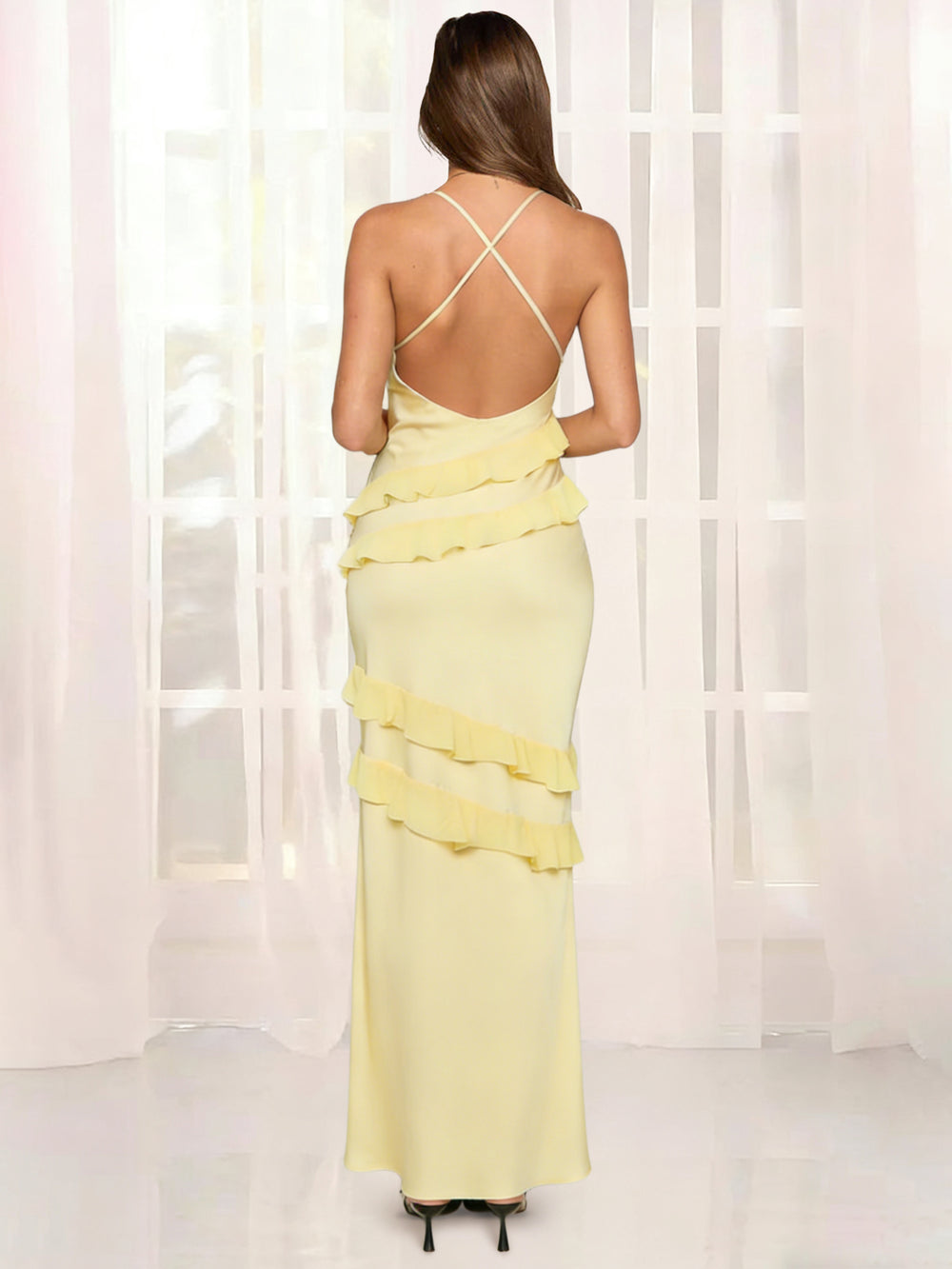 Sheath/Column Wedding Guest Dress Maxi Dress Spaghetti Straps Ankle Length With Ruffle Prom