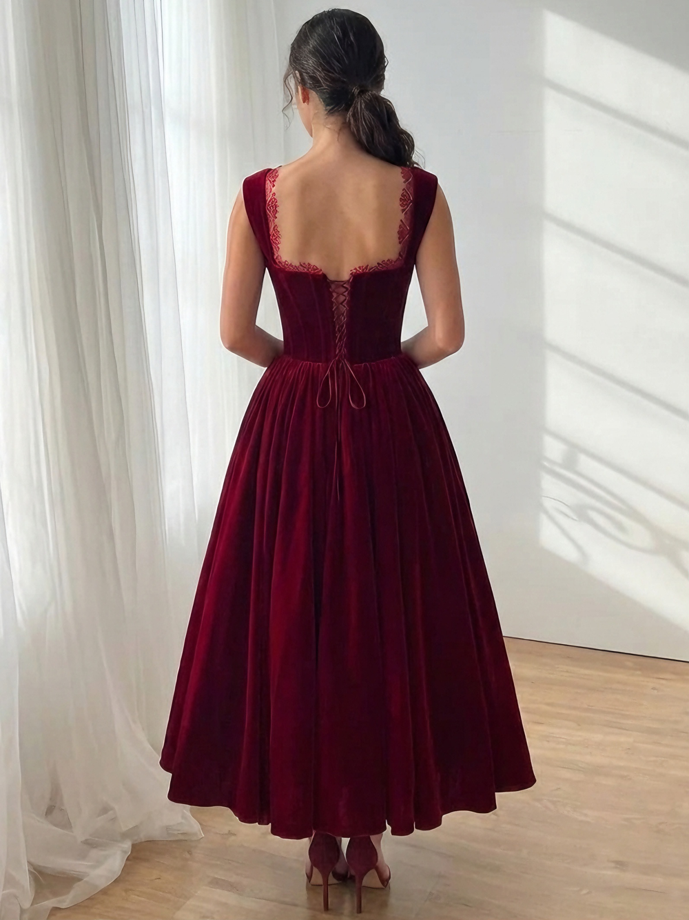 A Line Cocktail Dress Sleeveless Party Dress Tea Length Velvet Formal Dress Vintage Lace Elegant Princess