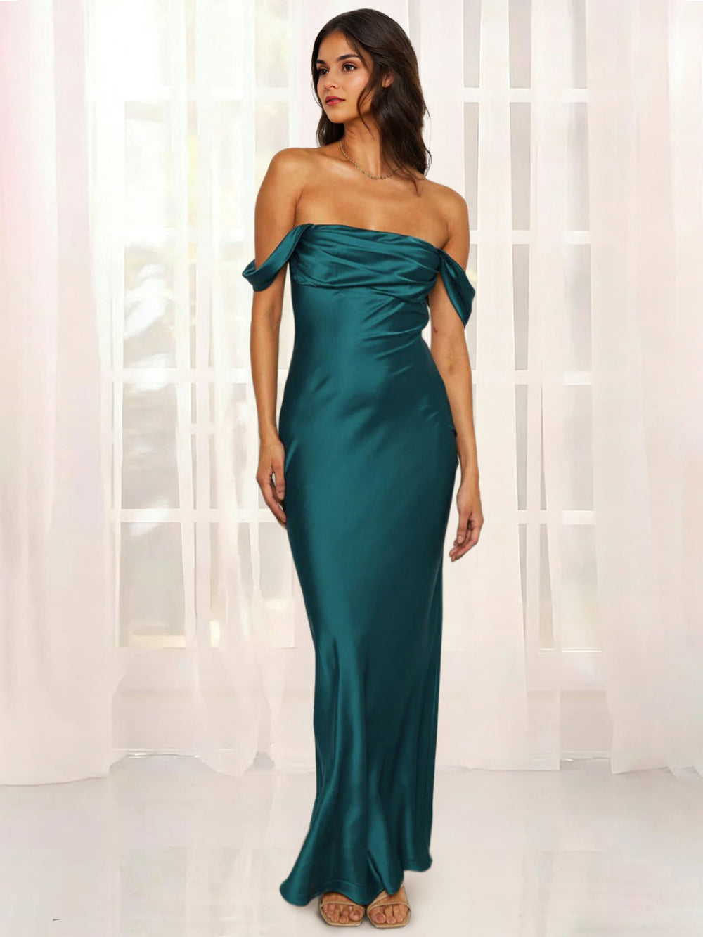 Sheath Maxi Wedding Guest Dress Off The Shoulder Satin Dresses Ruched Simple Prom Dress