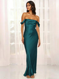 Sheath Maxi Wedding Guest Dress Off The Shoulder Satin Dresses Ruched Simple Prom Dress