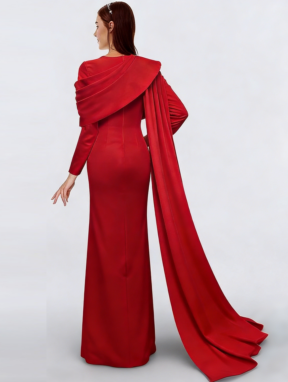 Sheath/Column Evening Dress Elegant Dress Formal Mother Of The Bride Dress Floor Length Long Sleeve Stand Collar Stretch Crepe with Pleats