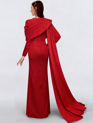 Sheath/Column Evening Dress Elegant Dress Formal Mother Of The Bride Dress Floor Length Long Sleeve Stand Collar Stretch Crepe with Pleats