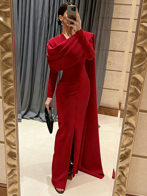 Sheath/Column Evening Dress Elegant Dress Formal Mother Of The Bride Dress Floor Length Long Sleeve Stand Collar Stretch Crepe with Pleats