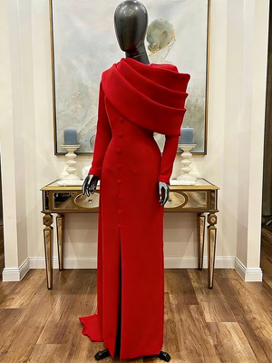 Sheath/Column Evening Dress Elegant Dress Formal Mother Of The Bride Dress Floor Length Long Sleeve Stand Collar Stretch Crepe with Pleats