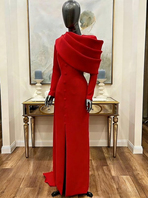 Sheath/Column Evening Dress Elegant Dress Formal Mother Of The Bride Dress Floor Length Long Sleeve Stand Collar Stretch Crepe with Pleats