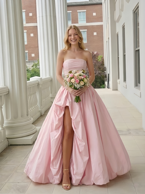 A-Line/Princess Long Butter Yellow Prom Dresses Basque Waist Stretch Strapless Floor-Length Side Split With Pleats&Back Lace-Up Wedding Guest Dresses