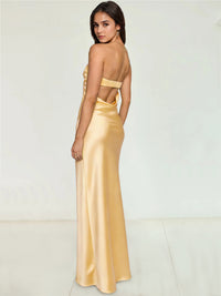 Sheath/Column Wedding Guest Dresses Off The Shoulder Sleeveless Ankle Length Back Bow Prom Dress With Side Split Ruffle
