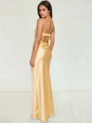 Sheath/Column Wedding Guest Dresses Off The Shoulder Sleeveless Ankle Length Back Bow Prom Dress With Side Split Ruffle