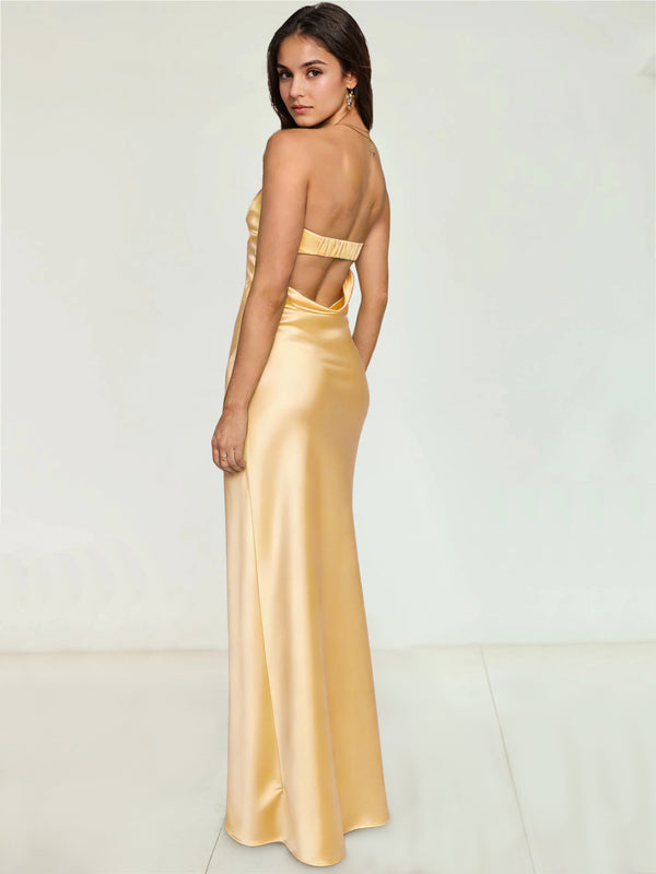 Sheath/Column Wedding Guest Dresses Off The Shoulder Sleeveless Ankle Length Back Bow Prom Dress With Side Split Ruffle