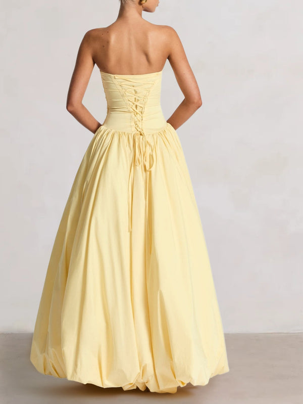 A-Line/Princess Long Butter Yellow Prom Dresses Stretch Strapless Floor-Length Side Split With Pleats&Back Lace-Up Wedding Guest Dresses