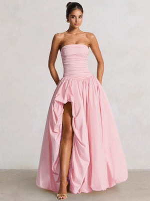 A-Line/Princess Long Butter Yellow Prom Dresses Basque Waist Stretch Strapless Floor-Length Side Split With Pleats&Back Lace-Up Wedding Guest Dresses