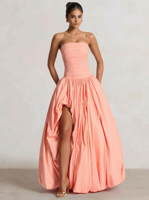 A-Line/Princess Long Butter Yellow Prom Dresses Basque Waist Stretch Strapless Floor-Length Side Split With Pleats&Back Lace-Up Wedding Guest Dresses