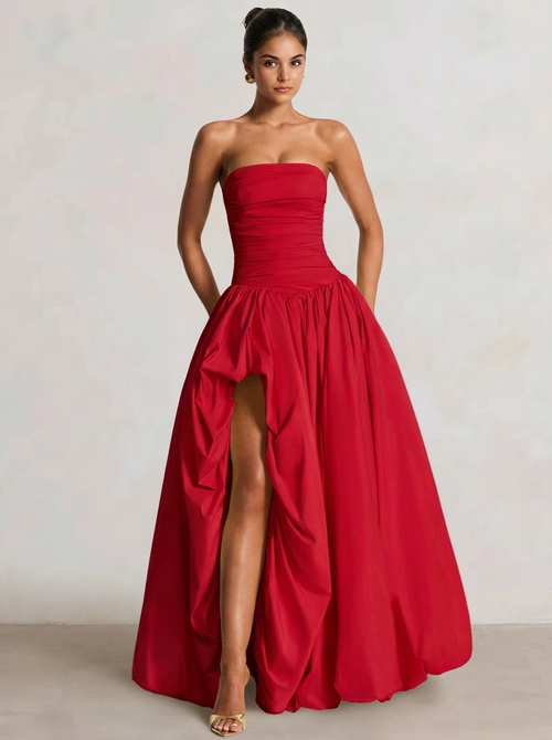 A-Line/Princess Long Butter Yellow Prom Dresses Basque Waist Stretch Strapless Floor-Length Side Split With Pleats&Back Lace-Up Wedding Guest Dresses