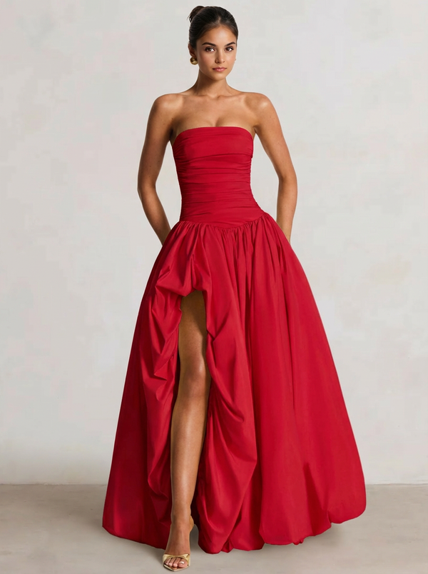 A-Line/Princess Long Butter Yellow Prom Dresses Basque Waist Stretch Strapless Floor-Length Side Split With Pleats&Back Lace-Up Wedding Guest Dresses