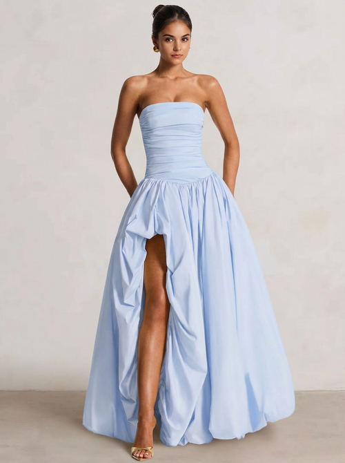 A-Line/Princess Long Butter Yellow Prom Dresses Basque Waist Stretch Strapless Floor-Length Side Split With Pleats&Back Lace-Up Wedding Guest Dresses