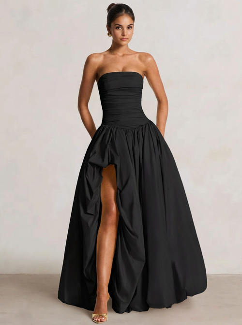 A-Line/Princess Long Butter Yellow Prom Dresses Basque Waist Stretch Strapless Floor-Length Side Split With Pleats&Back Lace-Up Wedding Guest Dresses