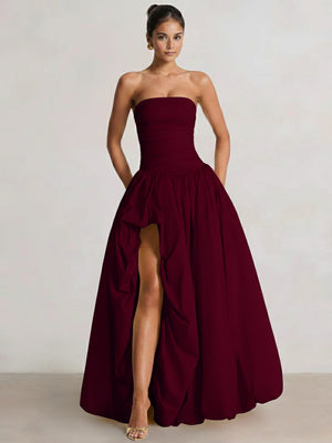 A-Line/Princess Long Butter Yellow Prom Dresses Basque Waist Stretch Strapless Floor-Length Side Split With Pleats&Back Lace-Up Wedding Guest Dresses