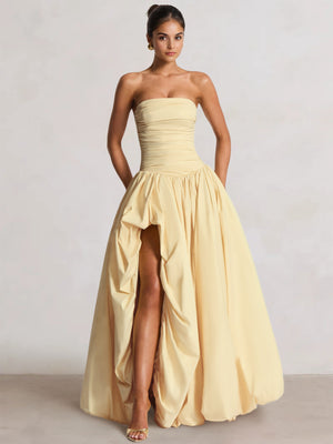 A-Line/Princess Long Butter Yellow Prom Dresses Basque Waist Stretch Strapless Floor-Length Side Split With Pleats&Back Lace-Up Wedding Guest Dresses