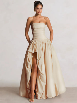 A-Line/Princess Long Butter Yellow Prom Dresses Basque Waist Stretch Strapless Floor-Length Side Split With Pleats&Back Lace-Up Wedding Guest Dresses