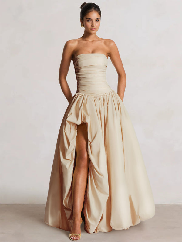 A-Line/Princess Long Butter Yellow Prom Dresses Basque Waist Stretch Strapless Floor-Length Side Split With Pleats&Back Lace-Up Wedding Guest Dresses