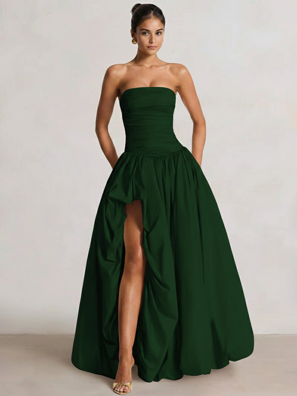 A-Line/Princess Long Butter Yellow Prom Dresses Basque Waist Stretch Strapless Floor-Length Side Split With Pleats&Back Lace-Up Wedding Guest Dresses