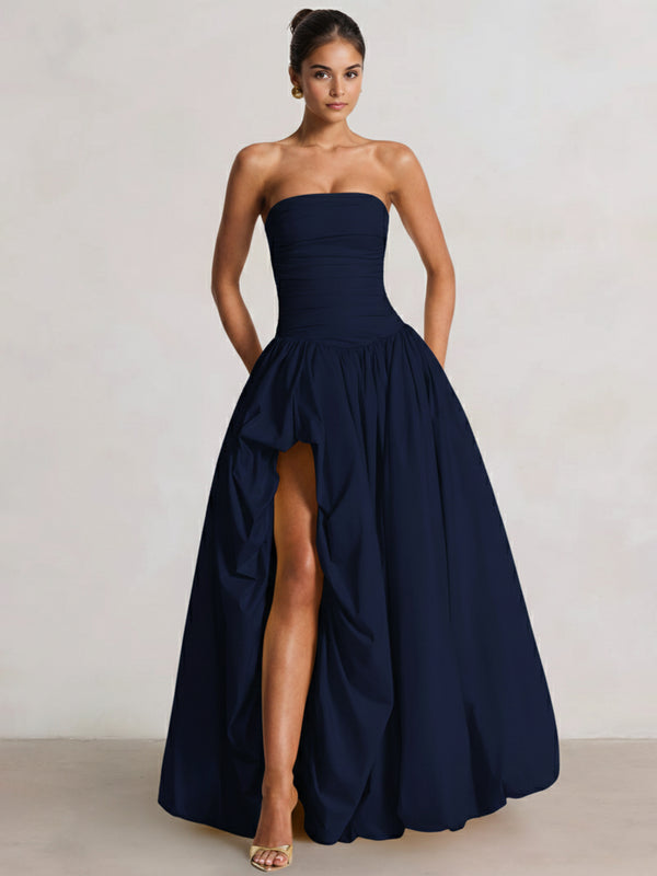 A-Line/Princess Long Butter Yellow Prom Dresses Basque Waist Stretch Strapless Floor-Length Side Split With Pleats&Back Lace-Up Wedding Guest Dresses