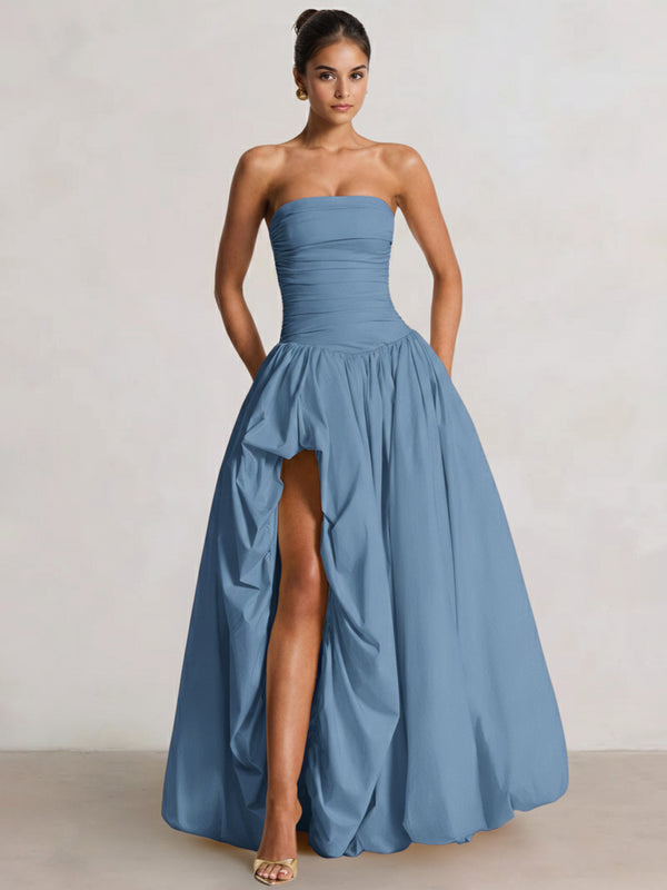 A-Line/Princess Long Butter Yellow Prom Dresses Basque Waist Stretch Strapless Floor-Length Side Split With Pleats&Back Lace-Up Wedding Guest Dresses