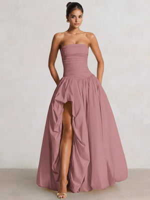 A-Line/Princess Long Butter Yellow Prom Dresses Basque Waist Stretch Strapless Floor-Length Side Split With Pleats&Back Lace-Up Wedding Guest Dresses