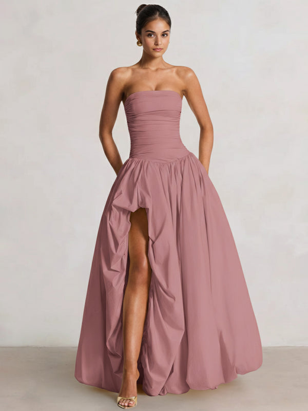 A-Line/Princess Long Butter Yellow Prom Dresses Basque Waist Stretch Strapless Floor-Length Side Split With Pleats&Back Lace-Up Wedding Guest Dresses