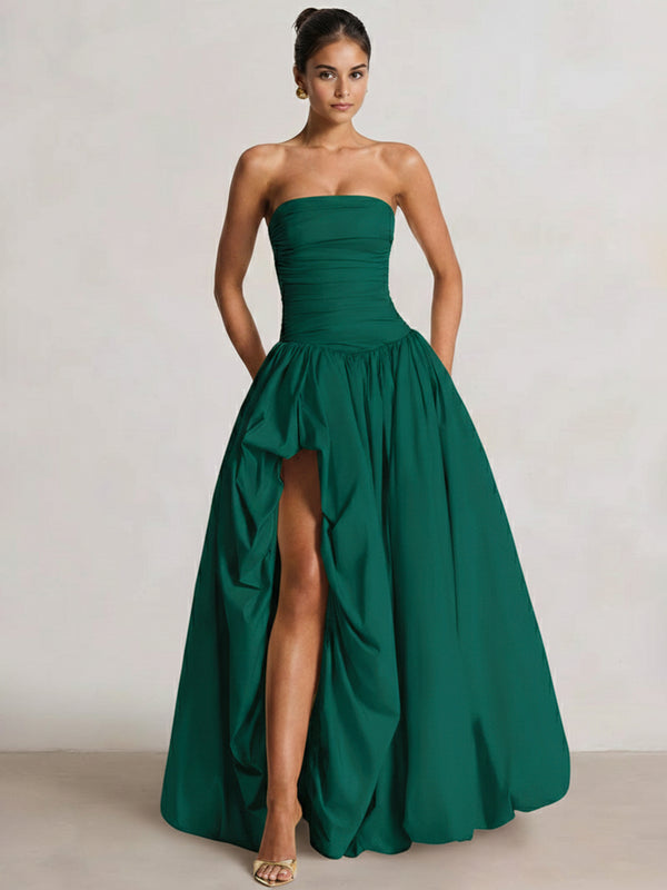 A-Line/Princess Long Butter Yellow Prom Dresses Basque Waist Stretch Strapless Floor-Length Side Split With Pleats&Back Lace-Up Wedding Guest Dresses