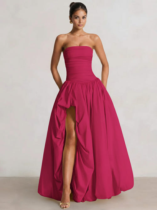 A-Line/Princess Long Butter Yellow Prom Dresses Basque Waist Stretch Strapless Floor-Length Side Split With Pleats&Back Lace-Up Wedding Guest Dresses