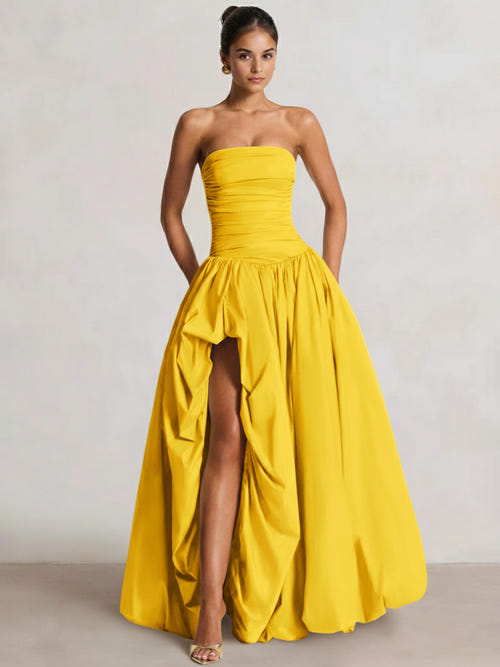 A-Line/Princess Long Butter Yellow Prom Dresses Basque Waist Stretch Strapless Floor-Length Side Split With Pleats&Back Lace-Up Wedding Guest Dresses