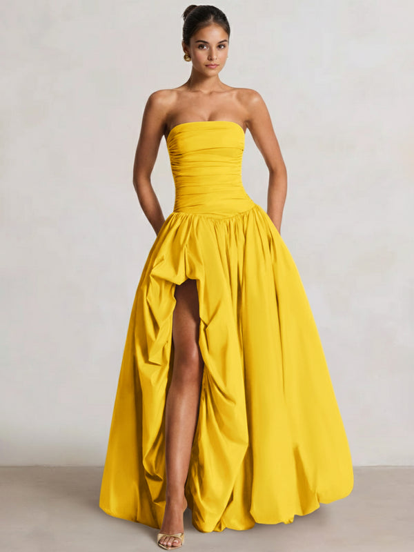 A-Line/Princess Long Butter Yellow Prom Dresses Basque Waist Stretch Strapless Floor-Length Side Split With Pleats&Back Lace-Up Wedding Guest Dresses