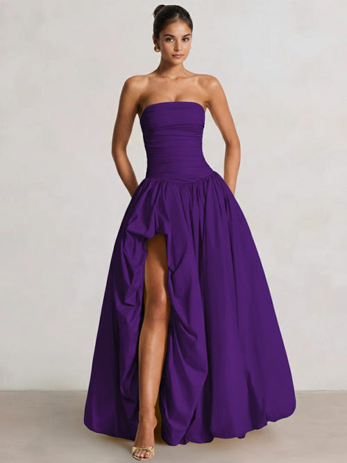 A-Line/Princess Long Butter Yellow Prom Dresses Basque Waist Stretch Strapless Floor-Length Side Split With Pleats&Back Lace-Up Wedding Guest Dresses