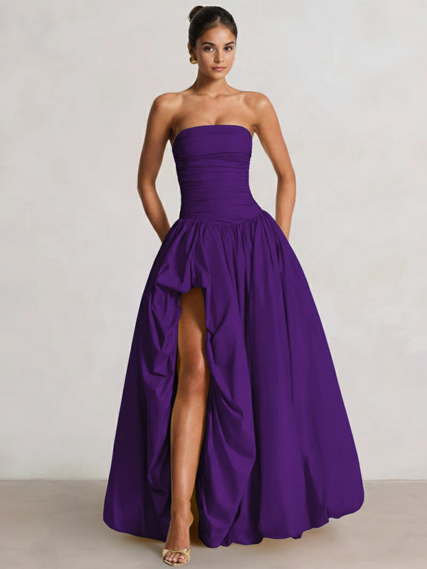 A-Line/Princess Long Butter Yellow Prom Dresses Basque Waist Stretch Strapless Floor-Length Side Split With Pleats&Back Lace-Up Wedding Guest Dresses