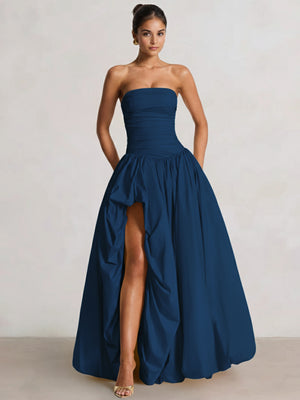 A-Line/Princess Long Butter Yellow Prom Dresses Basque Waist Stretch Strapless Floor-Length Side Split With Pleats&Back Lace-Up Wedding Guest Dresses