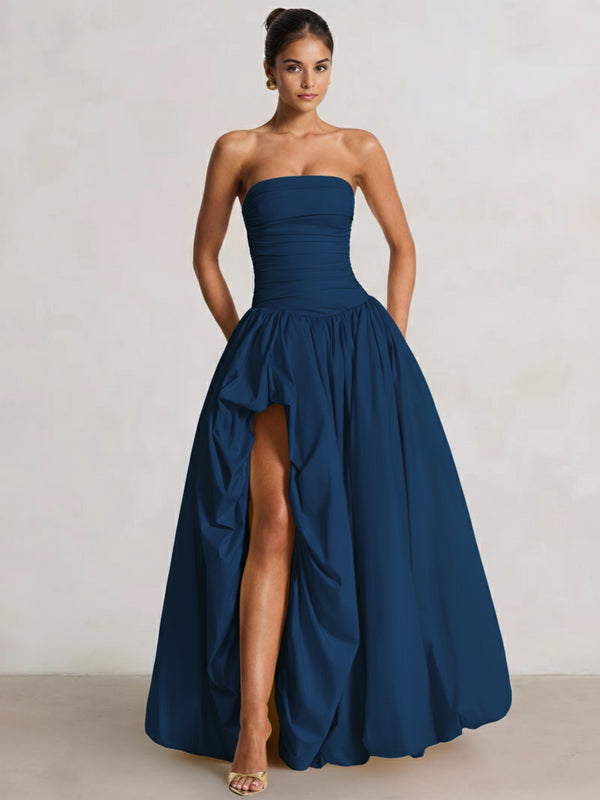 A-Line/Princess Long Butter Yellow Prom Dresses Basque Waist Stretch Strapless Floor-Length Side Split With Pleats&Back Lace-Up Wedding Guest Dresses