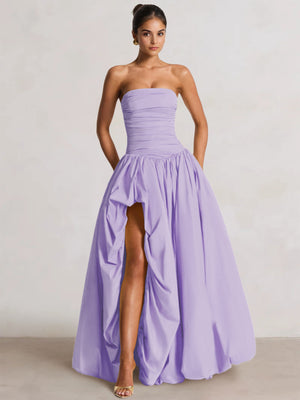 A-Line/Princess Long Butter Yellow Prom Dresses Basque Waist Stretch Strapless Floor-Length Side Split With Pleats&Back Lace-Up Wedding Guest Dresses