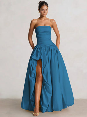 A-Line/Princess Long Butter Yellow Prom Dresses Basque Waist Stretch Strapless Floor-Length Side Split With Pleats&Back Lace-Up Wedding Guest Dresses