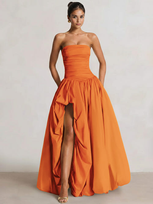 A-Line/Princess Long Butter Yellow Prom Dresses Basque Waist Stretch Strapless Floor-Length Side Split With Pleats&Back Lace-Up Wedding Guest Dresses
