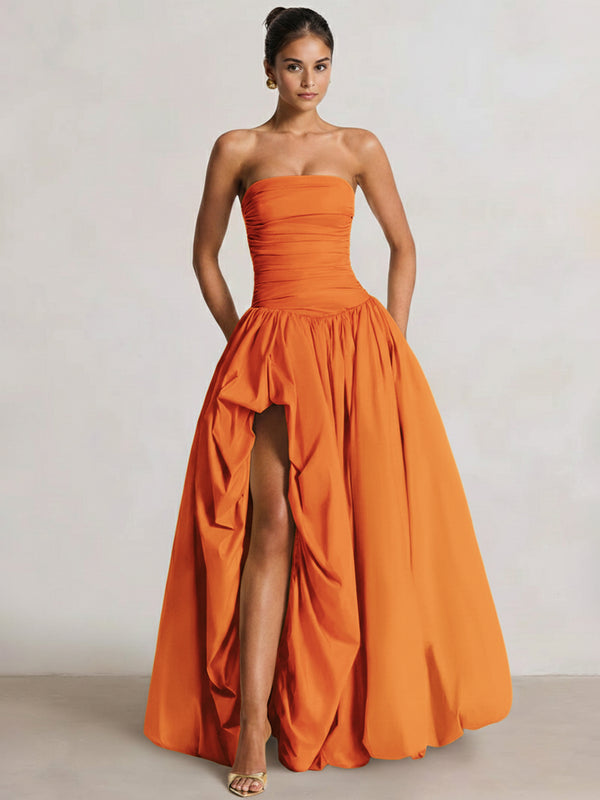 A-Line/Princess Long Butter Yellow Prom Dresses Basque Waist Stretch Strapless Floor-Length Side Split With Pleats&Back Lace-Up Wedding Guest Dresses