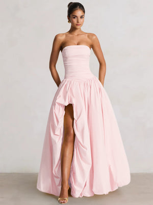 A-Line/Princess Long Butter Yellow Prom Dresses Stretch Strapless Floor-Length Side Split With Pleats&Back Lace-Up Wedding Guest Dresses